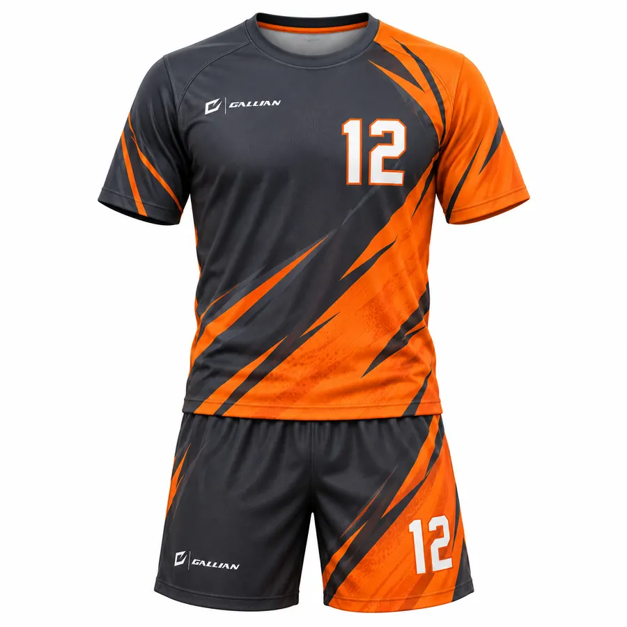 Jolt flag football uniform, charcoal crew-neck jersey with orange diagonal sweep and shorts, by Gallian Sports