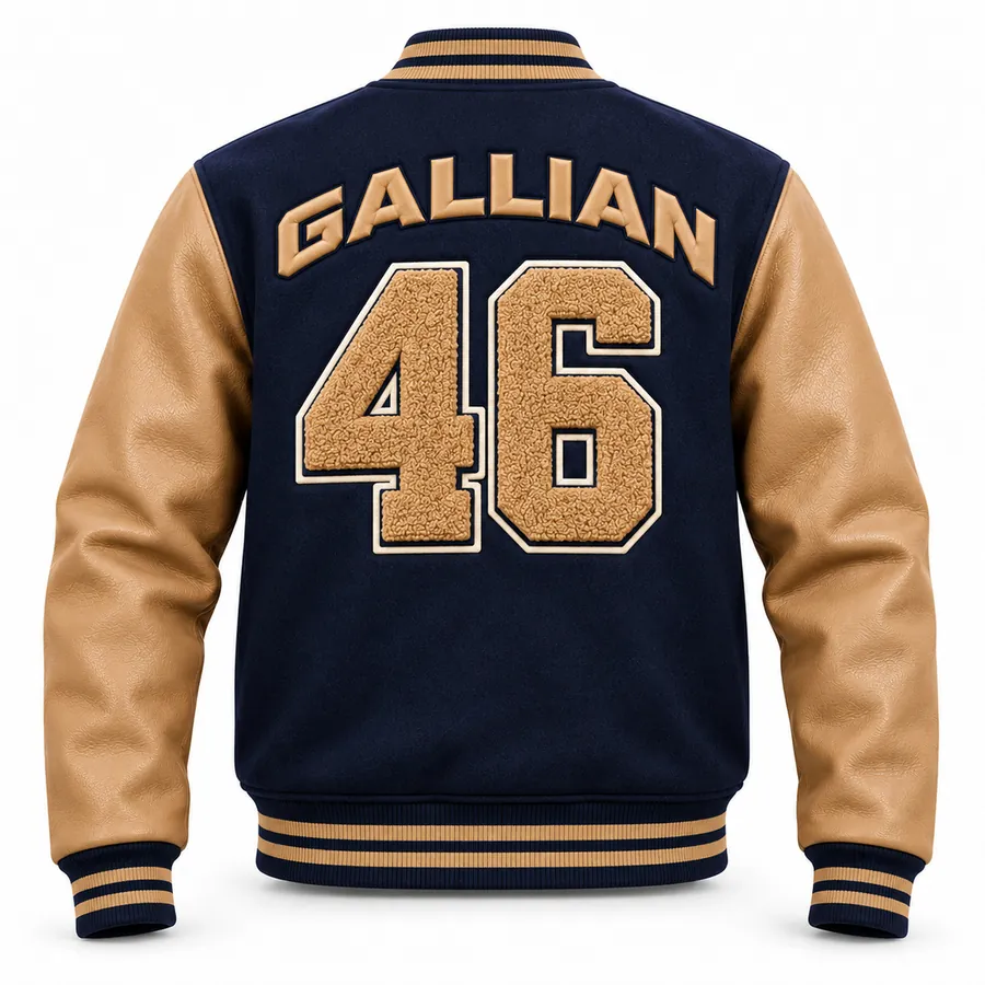 Back of navy and tan varsity jacket with arched tan lettering and chenille 46