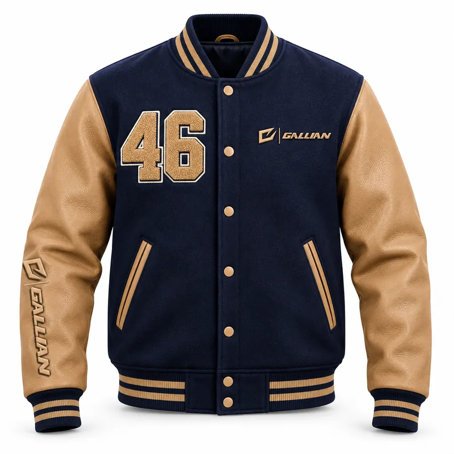 Front of Admiral navy varsity jacket with tan leather-look sleeves and tan chenille 46