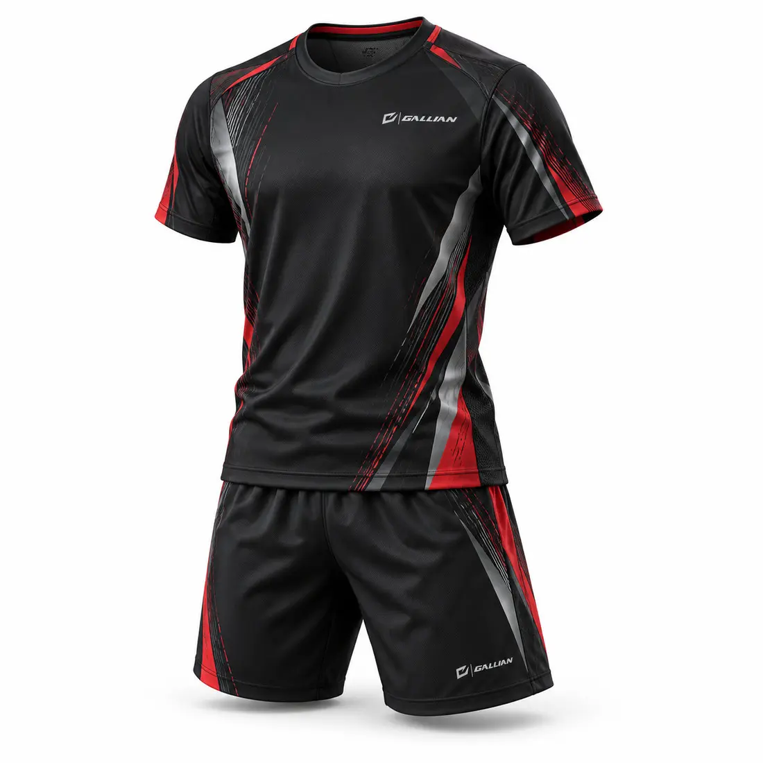 Graphite black badminton jersey and shorts with vermilion red tapering shoulder-to-side panels, fine broken-line texture and silver trim