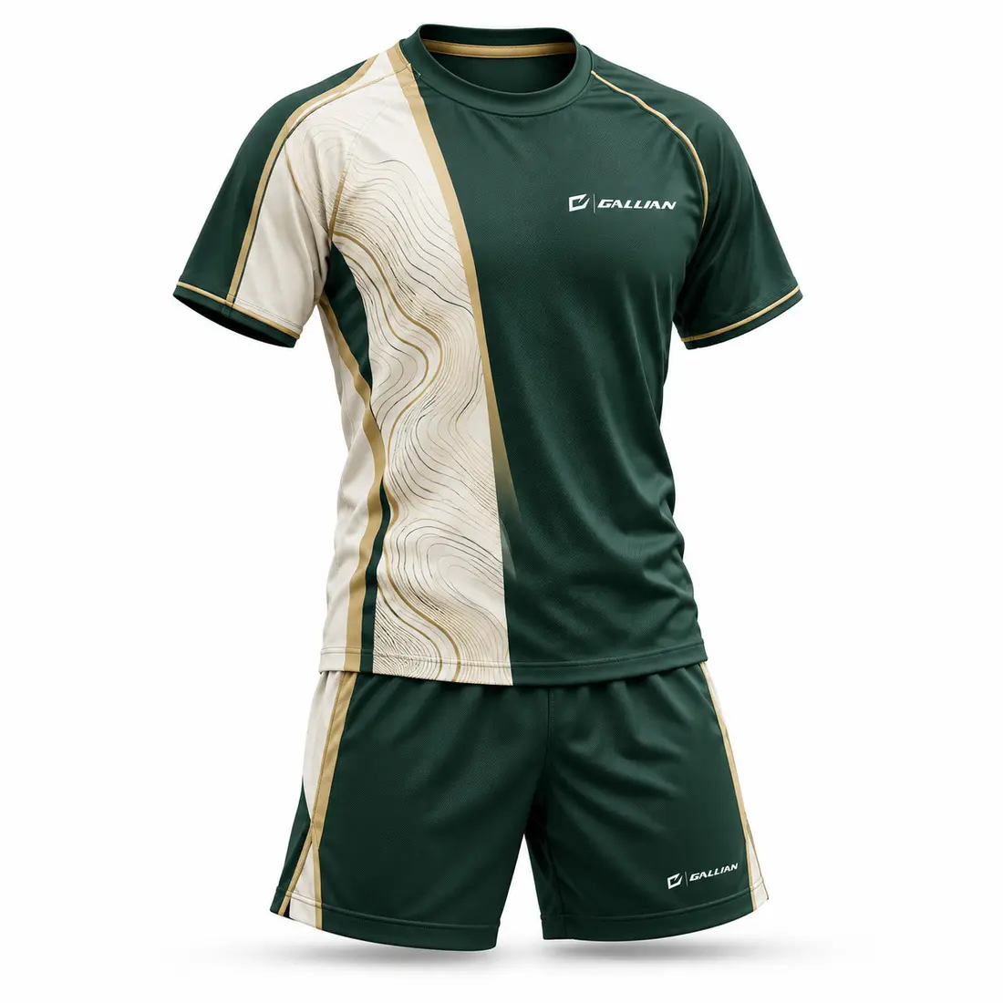 Forest green badminton jersey and shorts with an off-center antique gold and cream vertical panel, one-sided contour print and piping