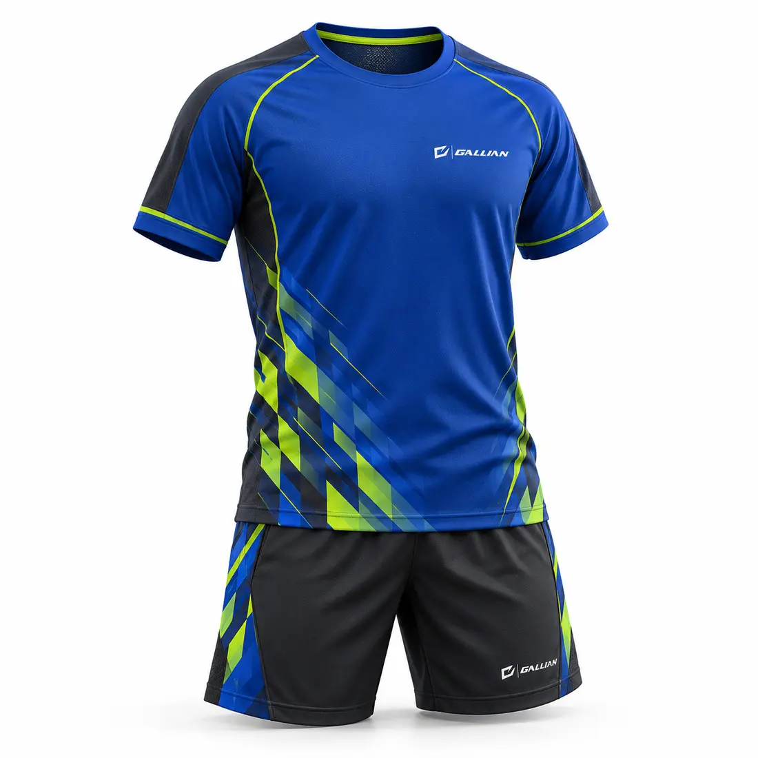 Cobalt blue badminton jersey and charcoal shorts with an electric lime tessellation gradient on the lower side panels and lime seams