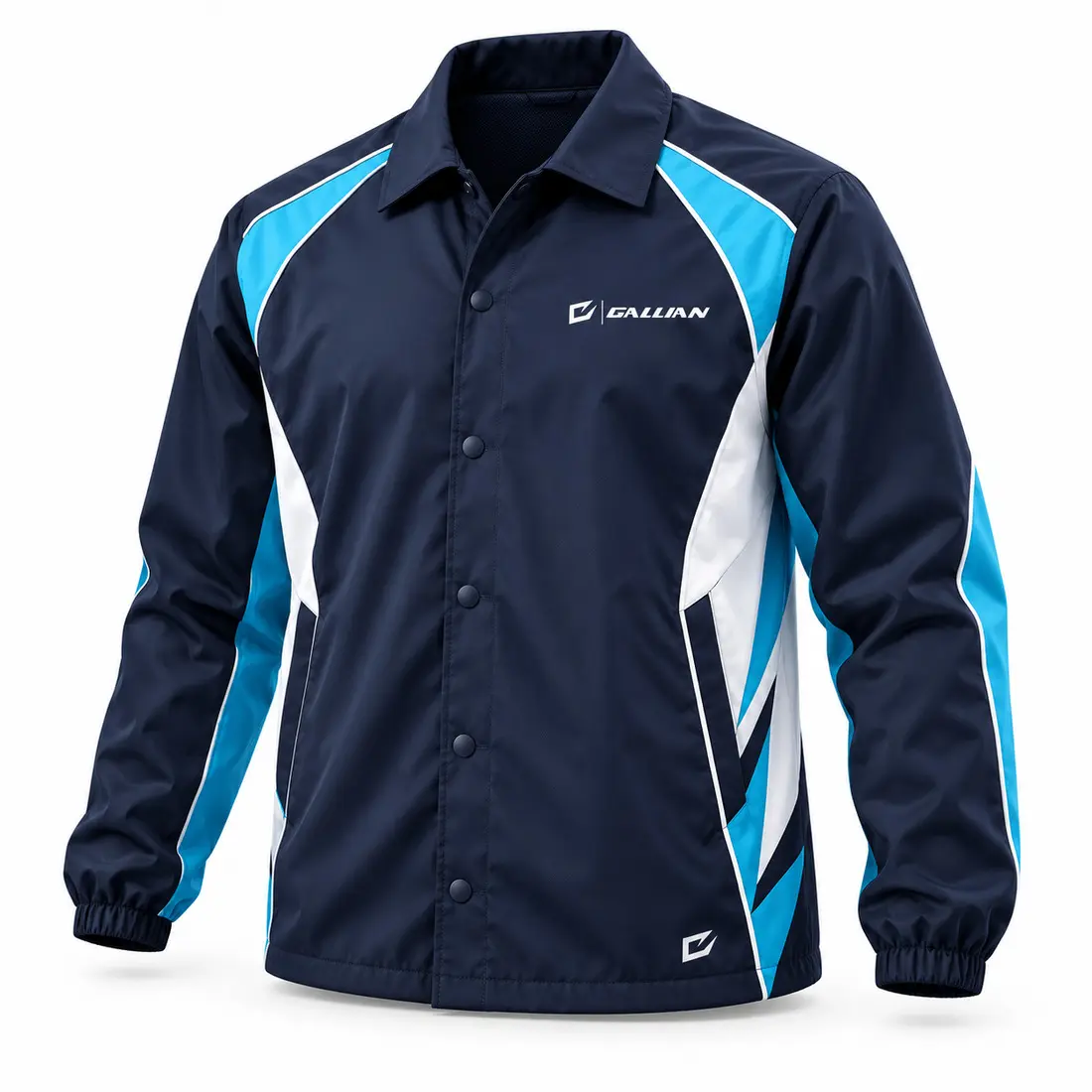 Midnight navy snap-front baseball coaches jacket with point collar, glacier cyan asymmetric side panels and ice white piping