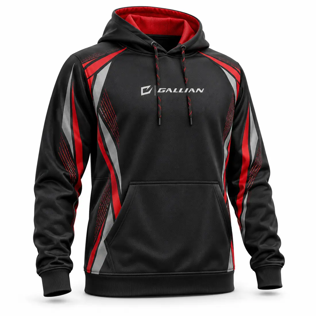 Gallian Ember Baseball & Softball Team Hoodie – Black/Red/Silver Graphite black sublimated travel baseball hoodie with tapered vermilion red shoulder-to-side panels and warm silver texture
