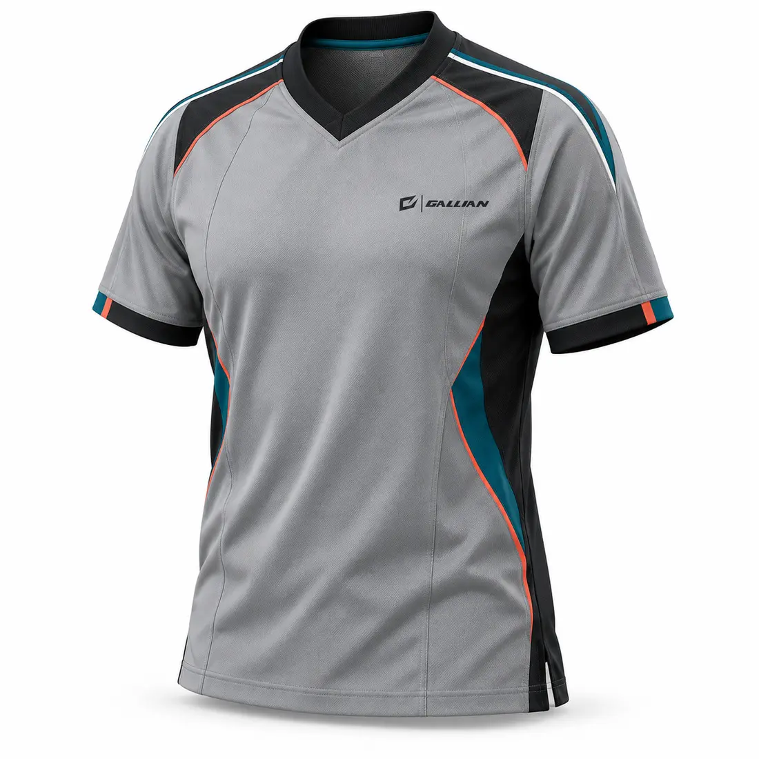 Gallian Tidal basketball referee shirt in grey with black V-neck and side panels, and arctic white, petrol teal and coral piping