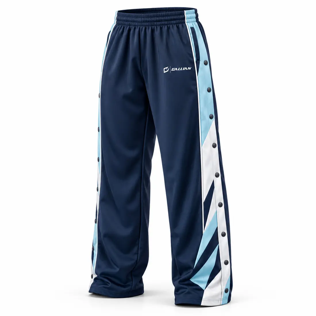 Midnight navy basketball tearaway pants with glacier cyan and white side panels, geometric shard graphics and full-length side snaps