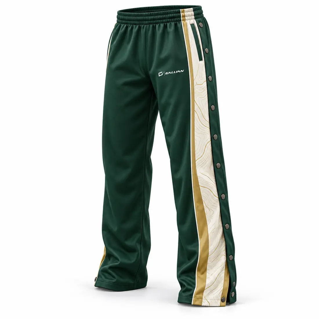 Gallian Regatta Basketball Tearaway Pants – Green/Gold/White Forest green basketball tearaway pants with an off-center antique gold topography panel, cream white piping and side snaps