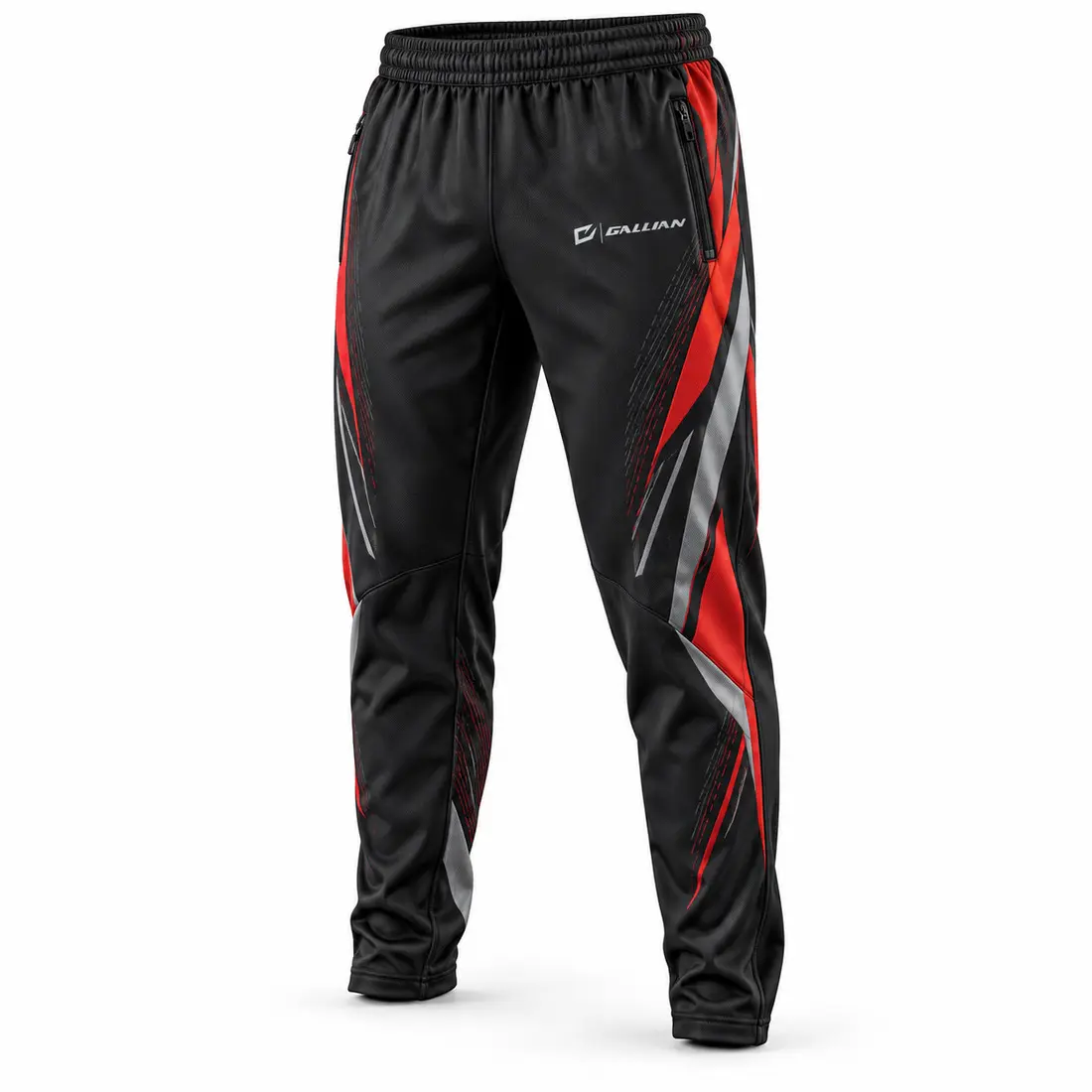 Gallian Ember Basketball Warm-Up Pants – Black/Red/Silver Graphite black basketball warm-up pants with vermilion red and warm silver tapering speed panels and fine broken-line texture