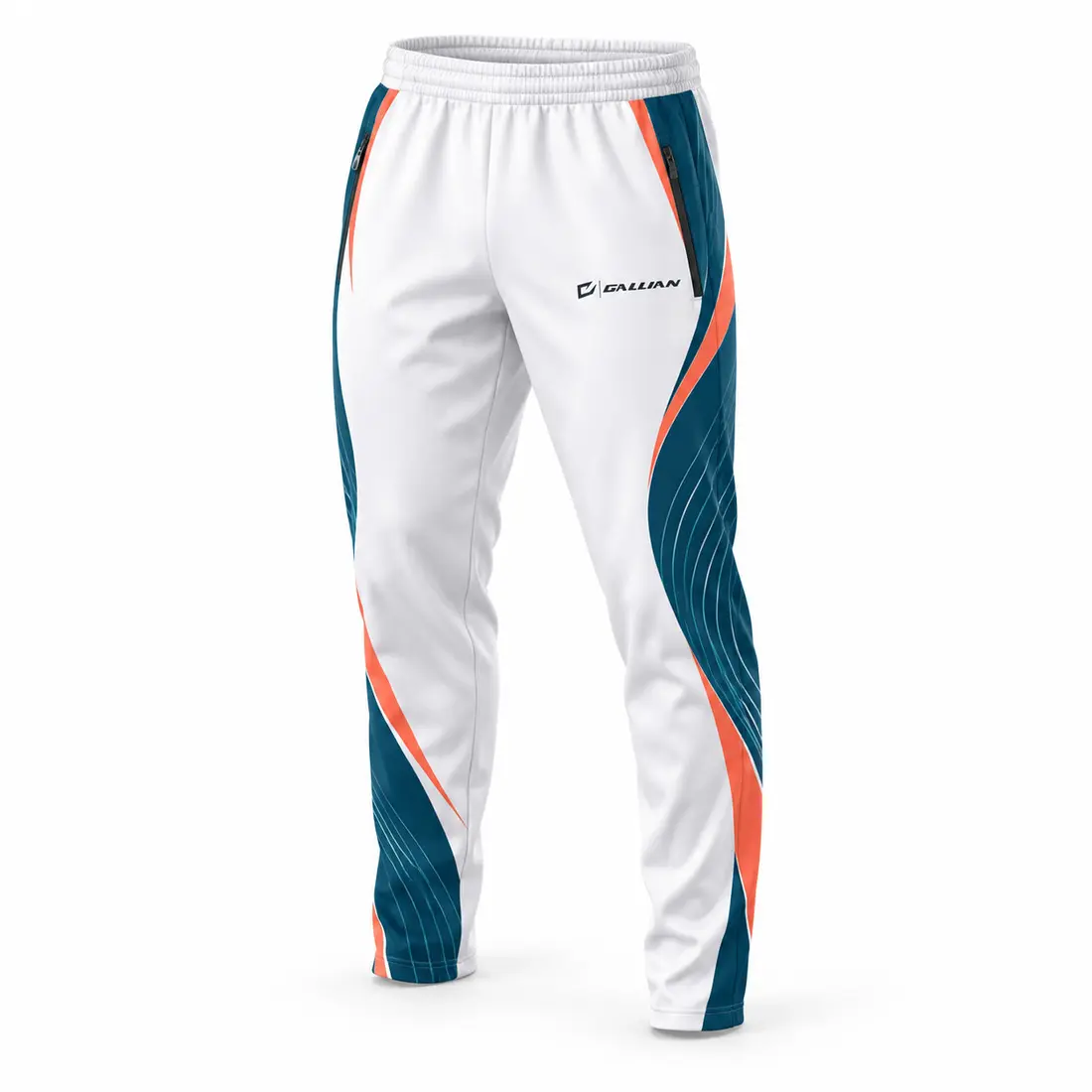 Gallian Tidal Basketball Warm-Up Pants – White/Teal/Orange Arctic white basketball warm-up pants with sweeping petrol teal color blocks, small ripple-line accents and coral orange trim
