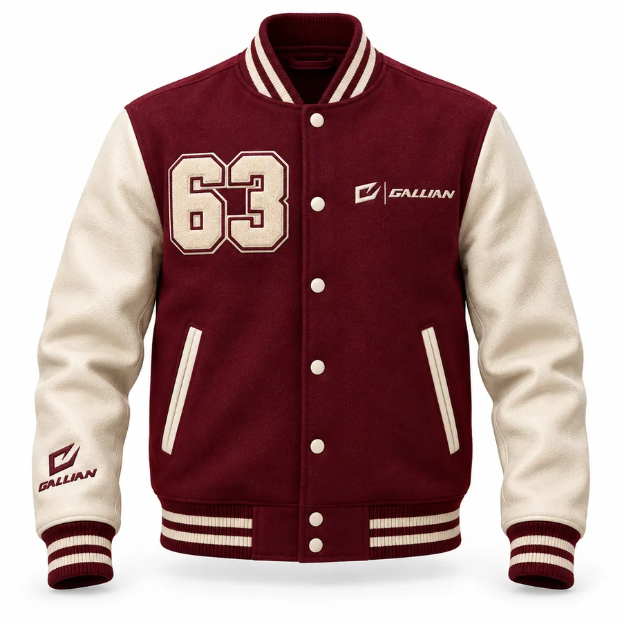 Front of Bordeaux maroon varsity jacket with cream sleeves and cream chenille 63 on chest