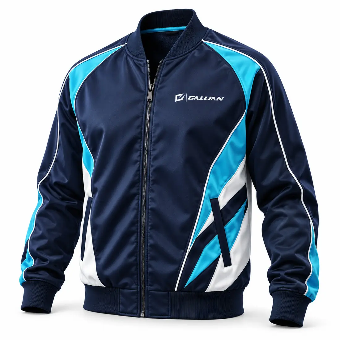 Apex custom boxing corner jacket in midnight navy satin with asymmetric glacier cyan panels, white piping and rib-knit trims