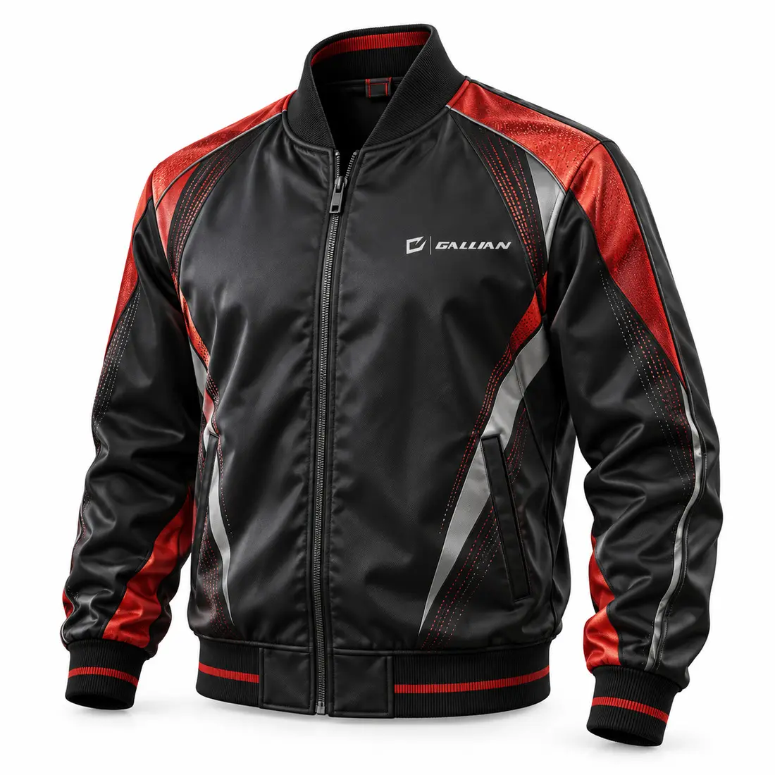 Gallian Ember Boxing Corner Jacket – Black/Red/Silver Ember custom boxing event staff jacket in graphite black satin with angled vermilion red speed panels, silver details and rib-knit cuffs