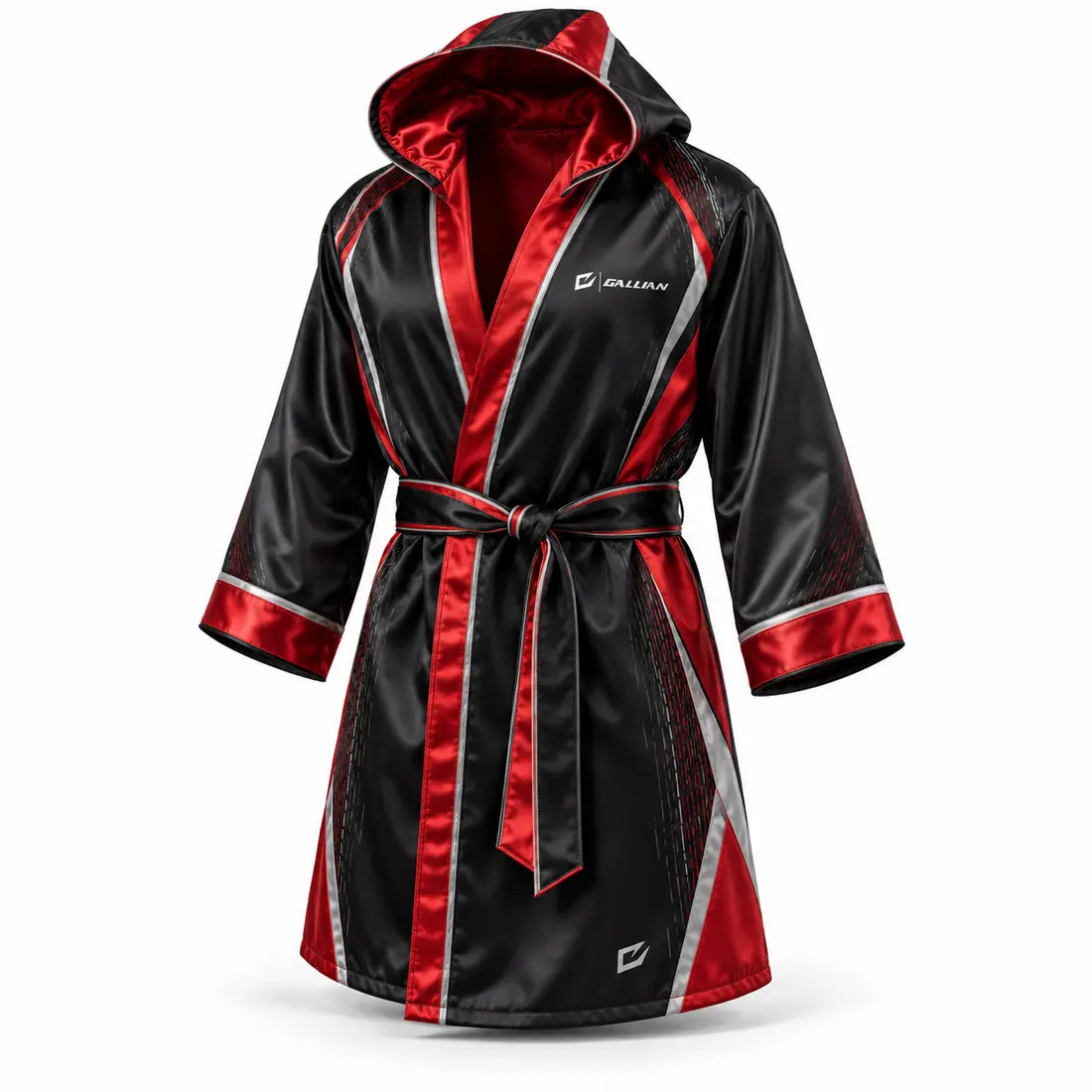 Ember custom hooded boxing walkout robe in graphite black satin with tapering vermilion red speed panels and silver hood trim