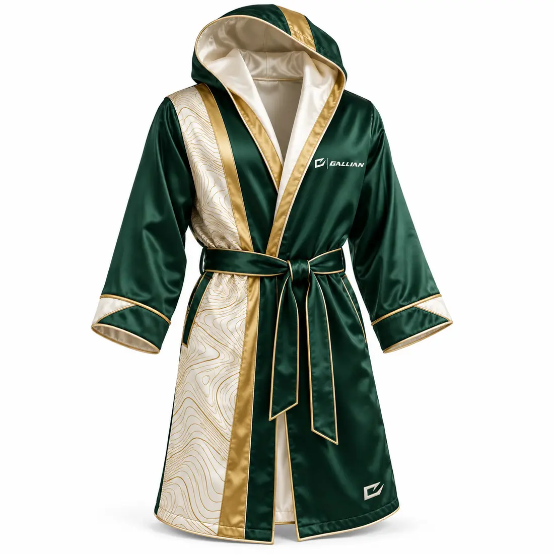 Regatta custom hooded boxing robe in deep forest green satin with an off-center panel, antique gold contour lines and cream piping