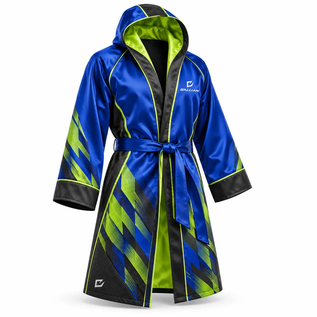 Voltage custom boxing walkout robe in charcoal satin with a cobalt blue to electric lime diagonal tessellation fade on the lower body