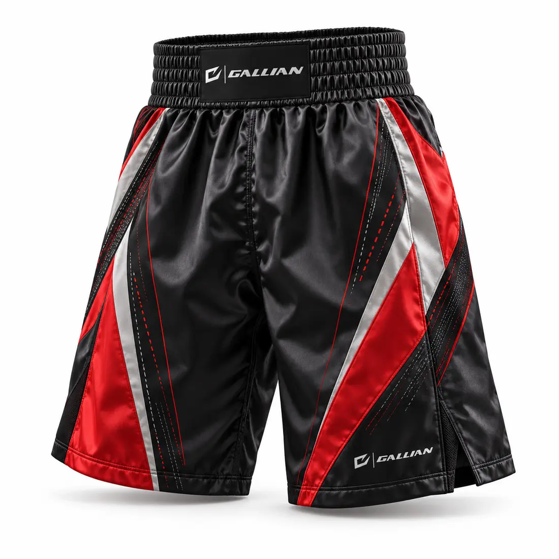 Gallian Ember Boxing Trunks – Black/Red/Silver Ember custom boxing trunks in graphite black satin with tapering vermilion red side speed panels and warm silver trim