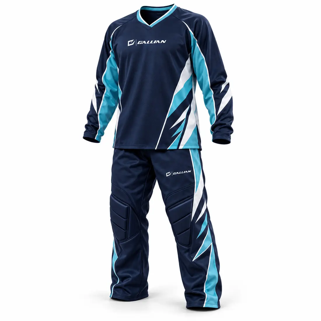 Navy broomball jersey and trousers with glacier cyan and ice white asymmetric side panels, thin piping and geometric shards at the hem