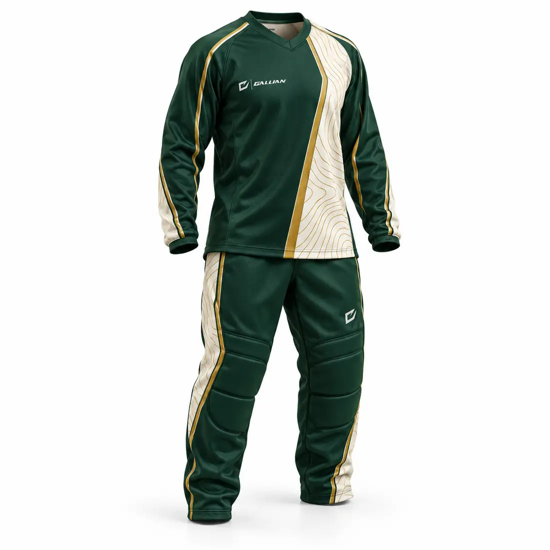 Forest green broomball jersey and trousers with an off-center antique gold and cream vertical panel, one-sided contour print and piping