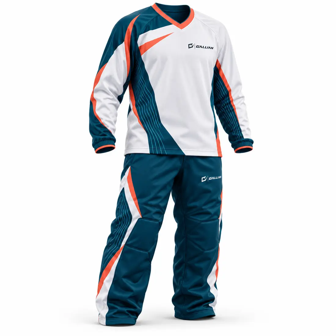 Arctic white broomball jersey with deep petrol teal offset side sweeps, tiny ripple-line accents and coral orange trim, with teal trousers