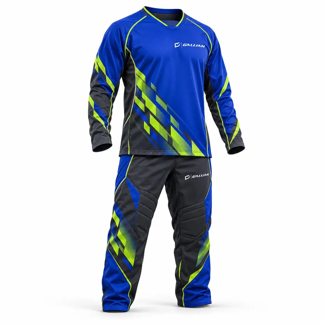 Cobalt blue broomball jersey with an electric lime diagonal tessellation gradient on the lower sides, lime seams and charcoal trousers