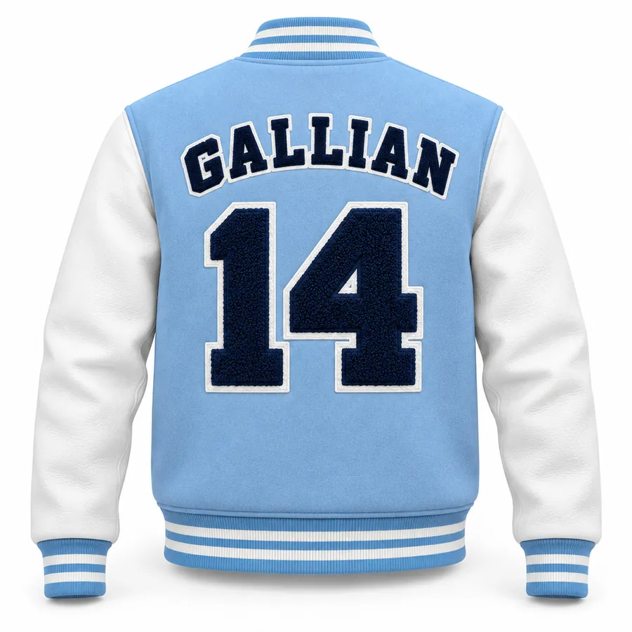 Light blue and white Carolina varsity jacket, back view with team lettering