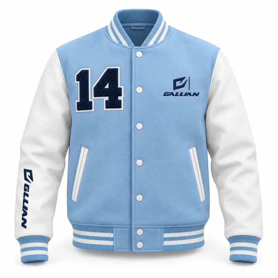 Carolina light blue varsity jacket, front view, white leather-look sleeves and navy chenille 14