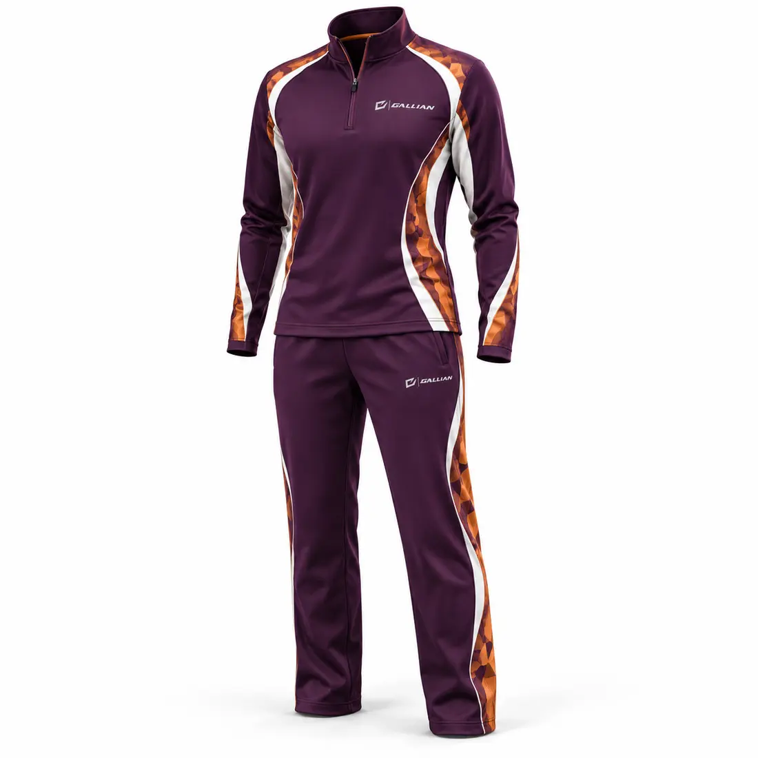 Plum purple curling quarter-zip and trousers with bronze orange flowing side contour panels, subtle mosaic texture and a pearl white center