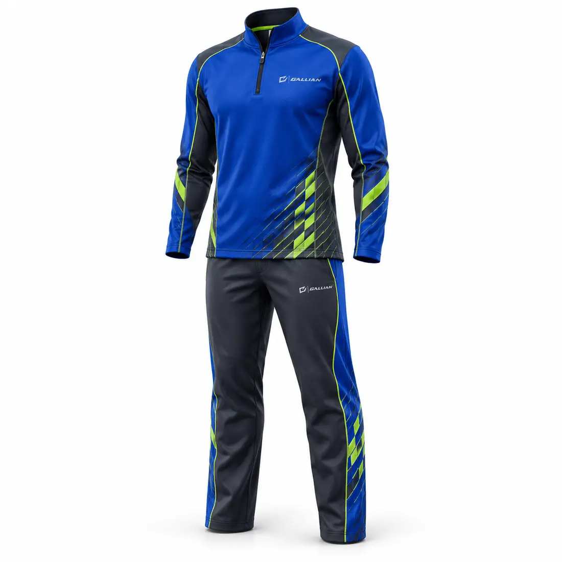 Cobalt blue curling quarter-zip and charcoal trousers with an electric lime diagonal tessellation gradient on the lower sides and lime seams