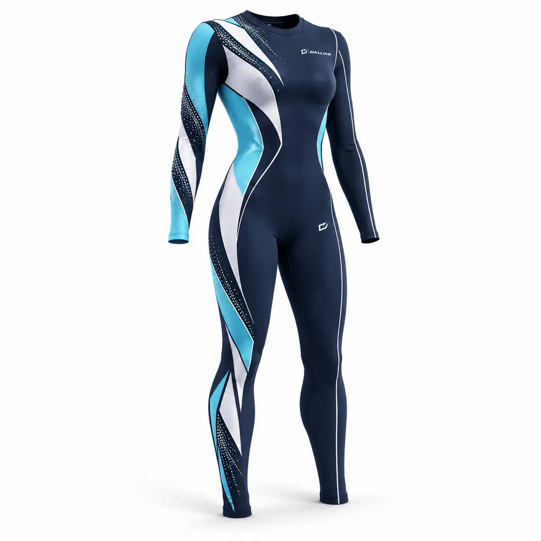 Gallian Apex Dance Team Unitard – Navy/Cyan/White Navy long-sleeve dance team unitard with asymmetric glacier cyan side panels, ice white piping and geometric shards near the lower edge