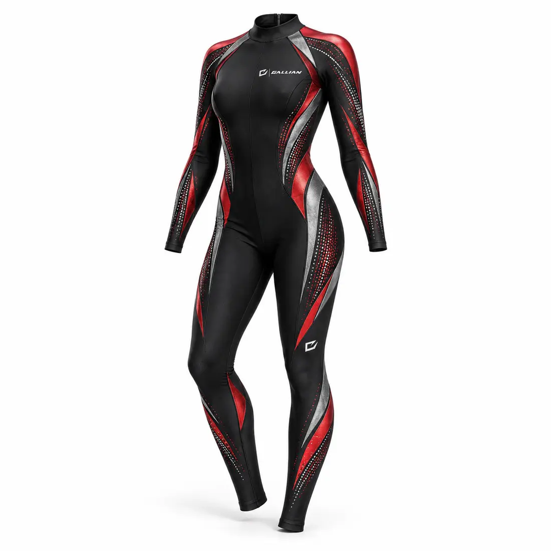 Graphite black long-sleeve dance unitard with tapered vermilion red shoulder-to-side panels and warm silver broken-line texture