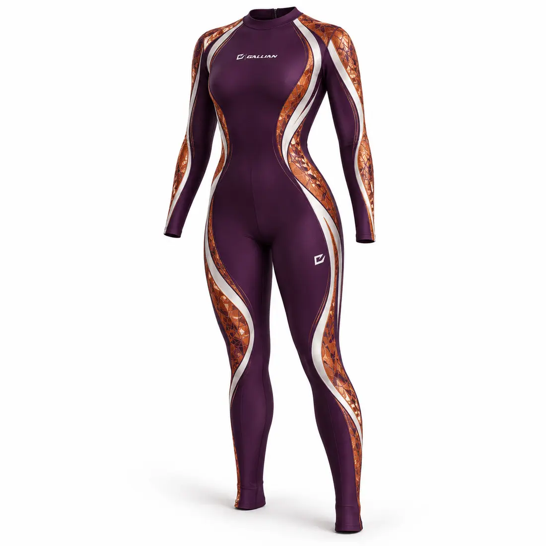 Gallian Sovereign Dance Team Unitard – Purple/Orange/White Deep plum purple long-sleeve dance unitard with curved bronze orange mosaic side panels, pearl white edging and a clean center front