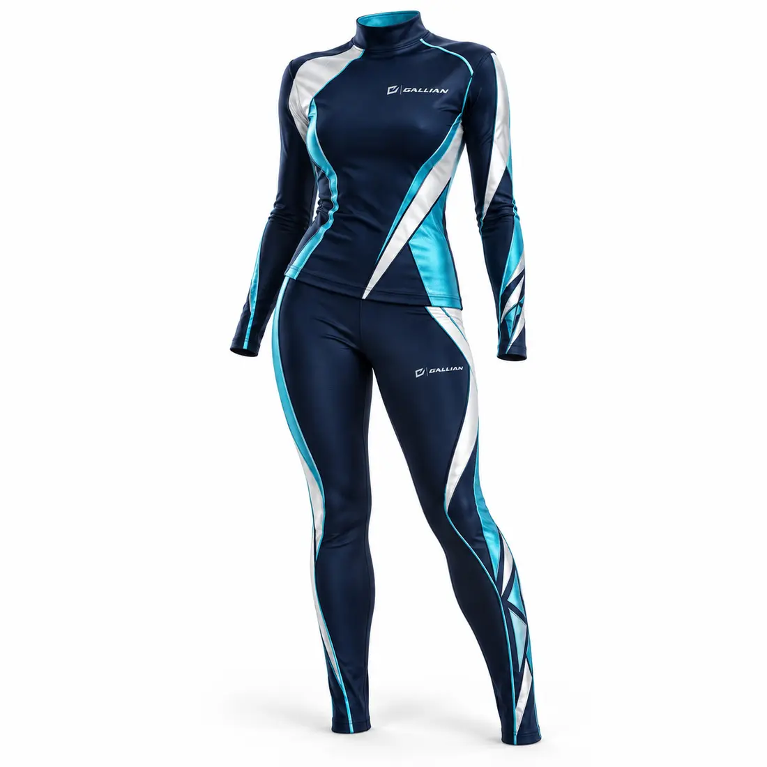 Gallian Apex Drill Team Uniform – Navy/Cyan/White Midnight navy high-neck drill team top and trousers with asymmetric glacier cyan side panels, white piping and metallic braid trim