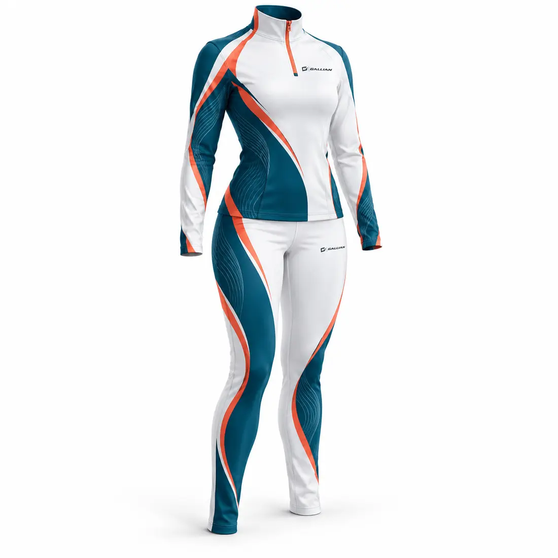 Arctic white high-neck drill top and trousers with offset petrol teal sweeping blocks, coral ripple accents and braid trim