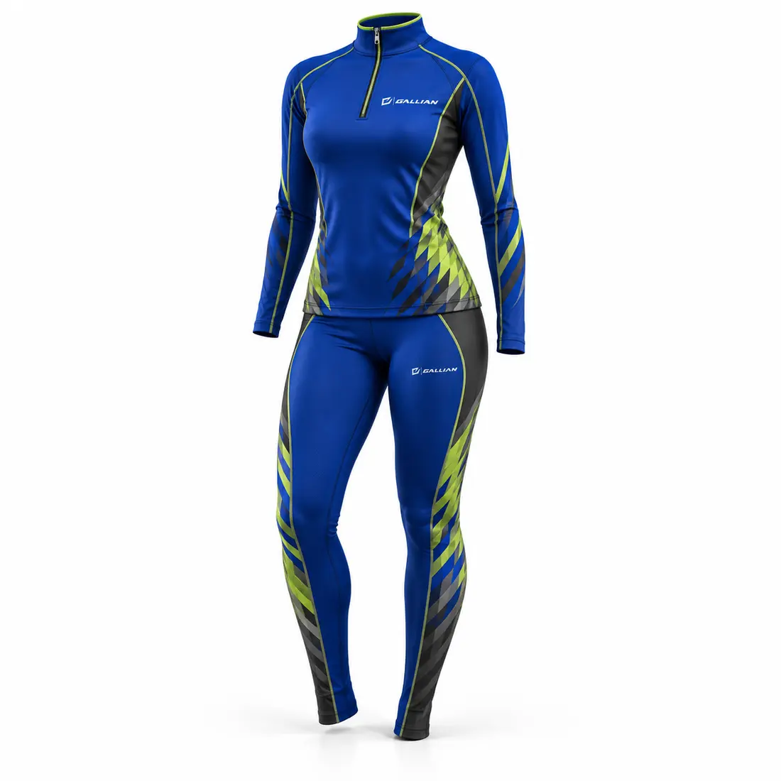 Gallian Voltage Drill Team Uniform – Blue/Lime/Charcoal Royal cobalt blue high-neck drill top and trousers with a staggered electric lime and charcoal tessellation on the lower sides