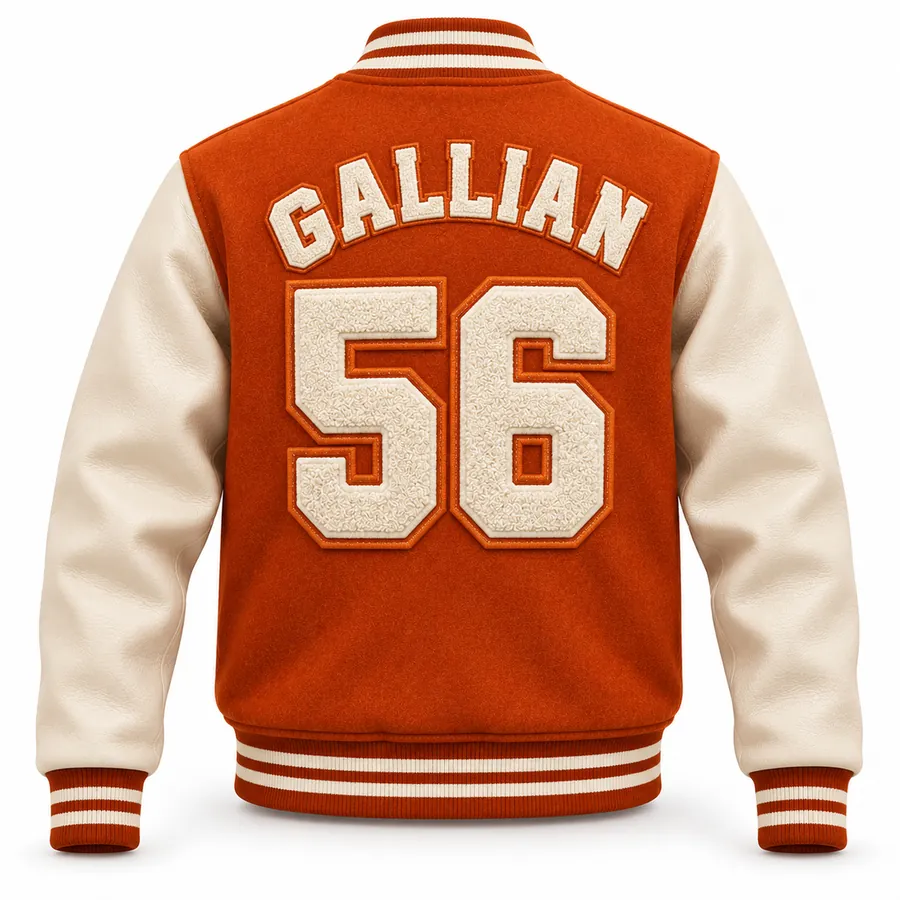 Back of burnt orange varsity jacket with arched cream chenille lettering and large number 56