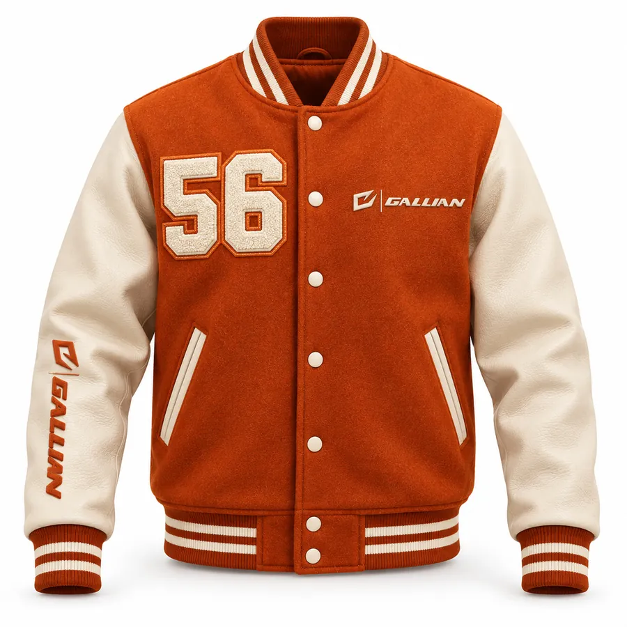 Ember burnt orange varsity jacket, front view, with cream sleeves, cream snaps and chenille 56
