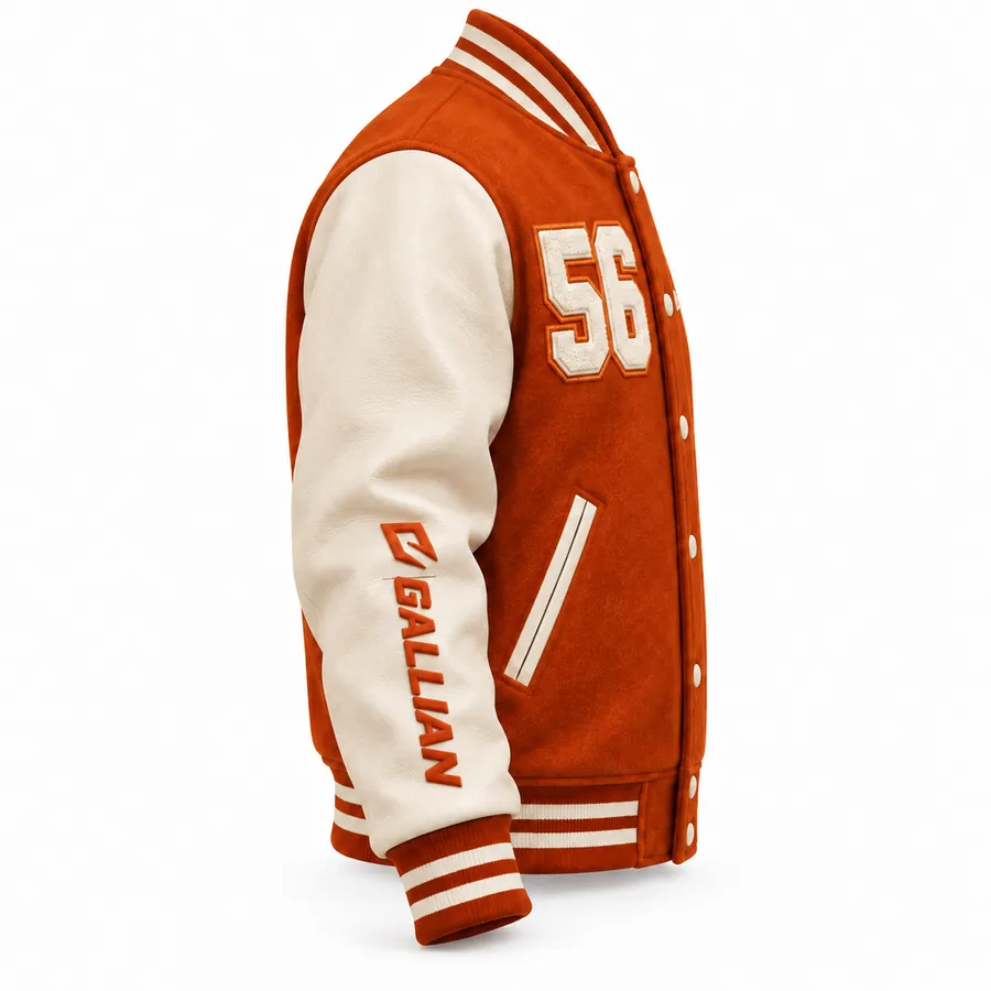 Side view of burnt orange varsity jacket showing cream sleeve, orange sleeve logo and striped cuff