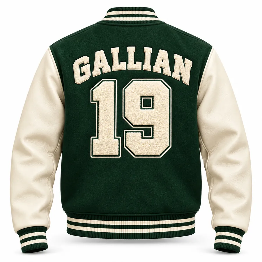 Back of green and cream varsity jacket with arched cream lettering and chenille 19