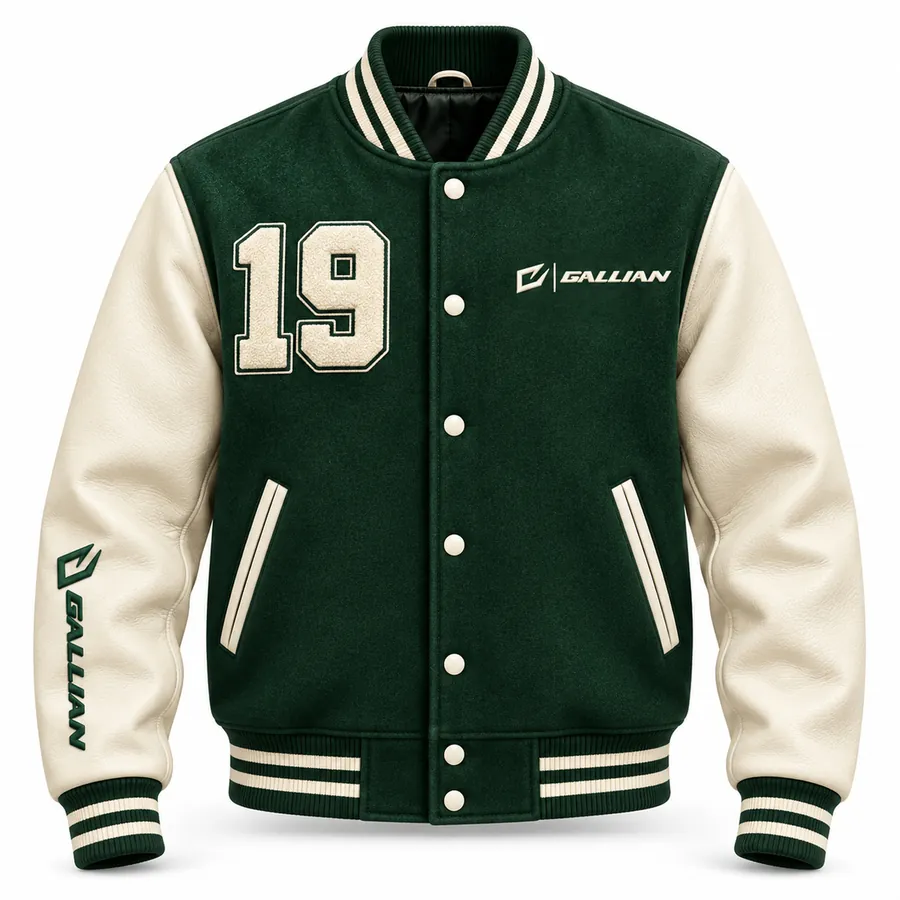 Front of Evergreen forest green varsity jacket with cream sleeves and cream chenille 19