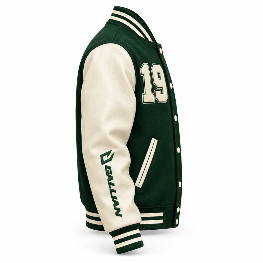 Side view of forest green varsity jacket with cream sleeve, green sleeve logo and striped cuffs