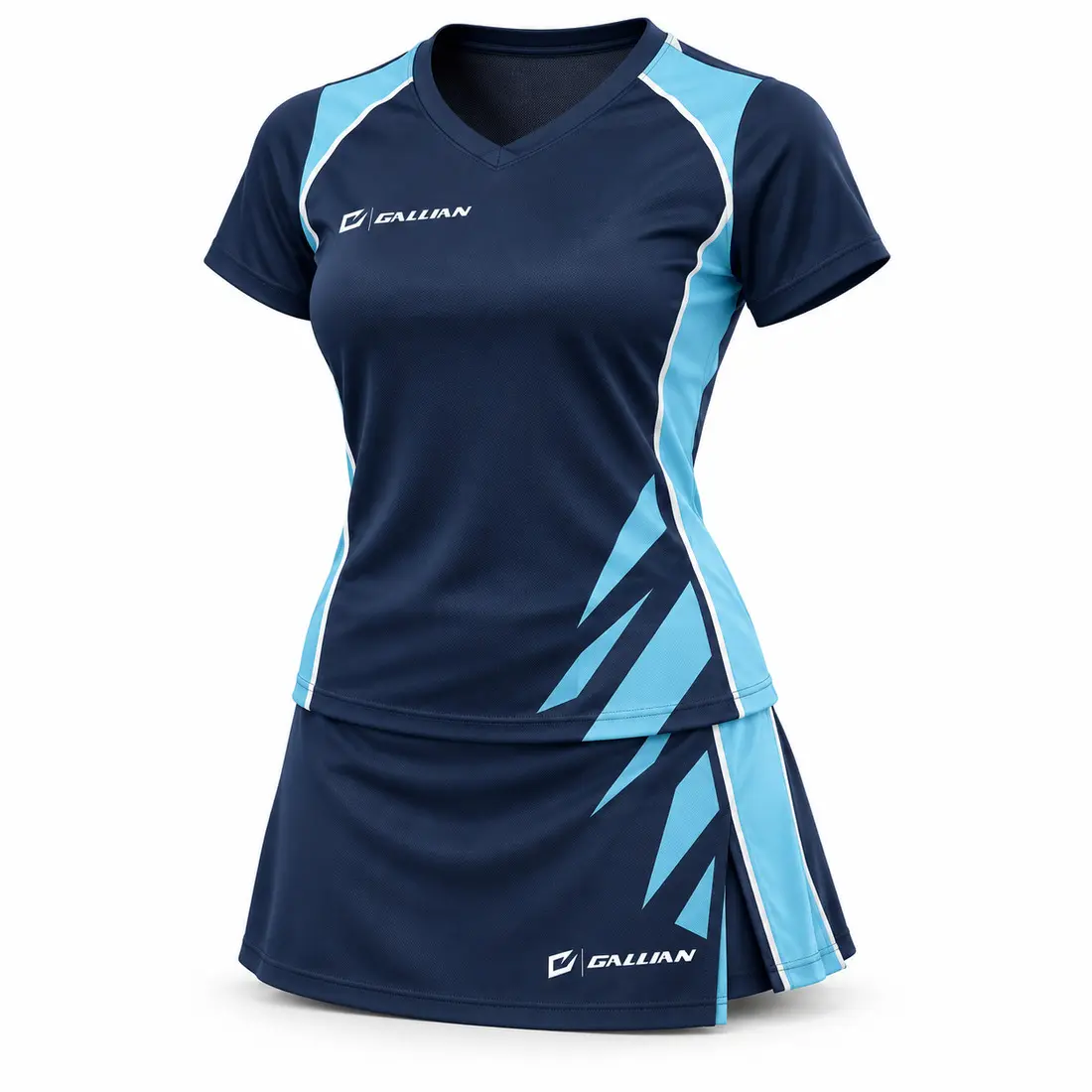 Apex field hockey jersey and skort in midnight navy with glacier cyan and white asymmetric piped panels and offset geometric shards