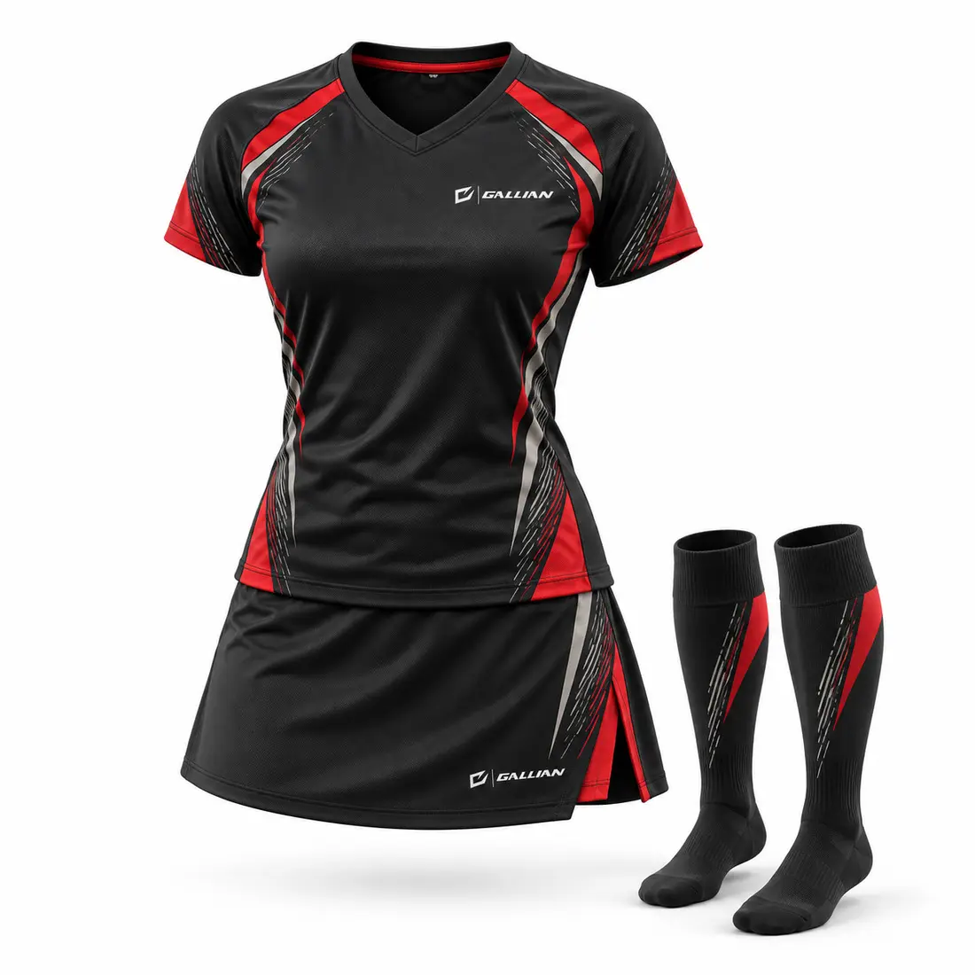 Ember field hockey uniform in graphite black with tapering vermilion red speed panels and fine warm silver broken-line texture