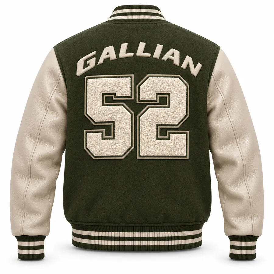 Back of Fieldstone olive green varsity jacket showing arched cream name and chenille 52