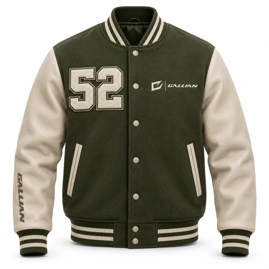 Front view of Fieldstone olive green varsity jacket, cream leather-look sleeves and cream chenille number 52
