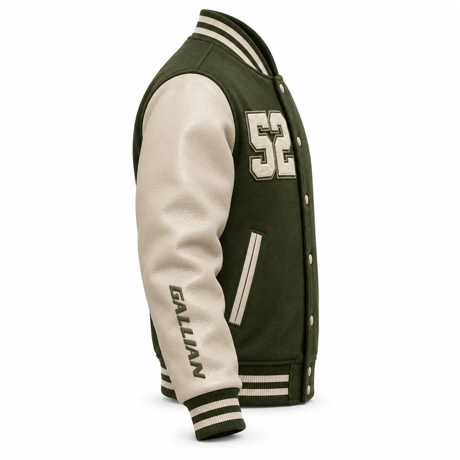 Side view of olive green varsity jacket with cream leather-look sleeve and olive sleeve logo