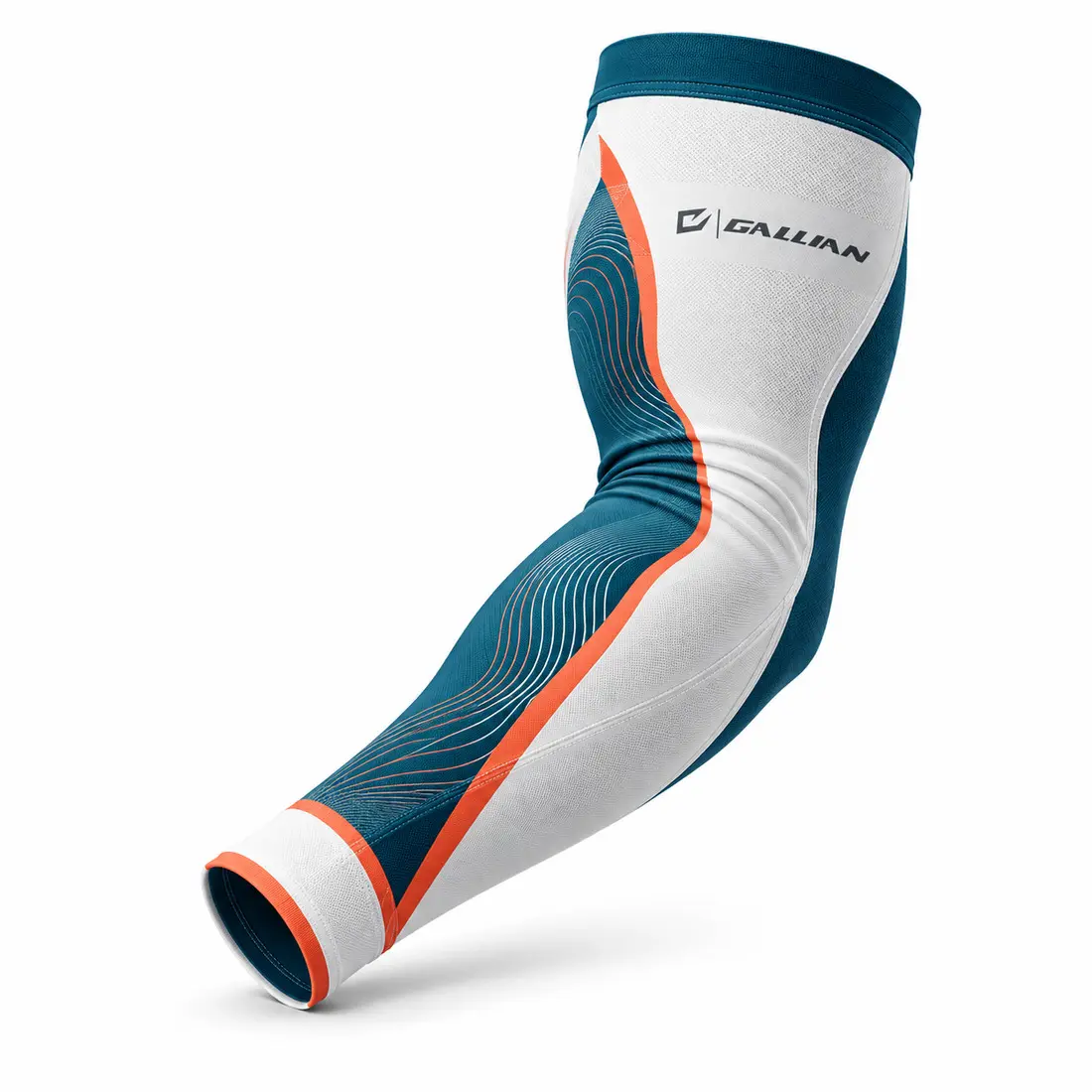 Gallian Tidal Football Arm Sleeve – White/Teal/Orange Arctic white girls flag football arm sleeve with offset petrol teal color blocks, small ripple-line accents and coral orange trim
