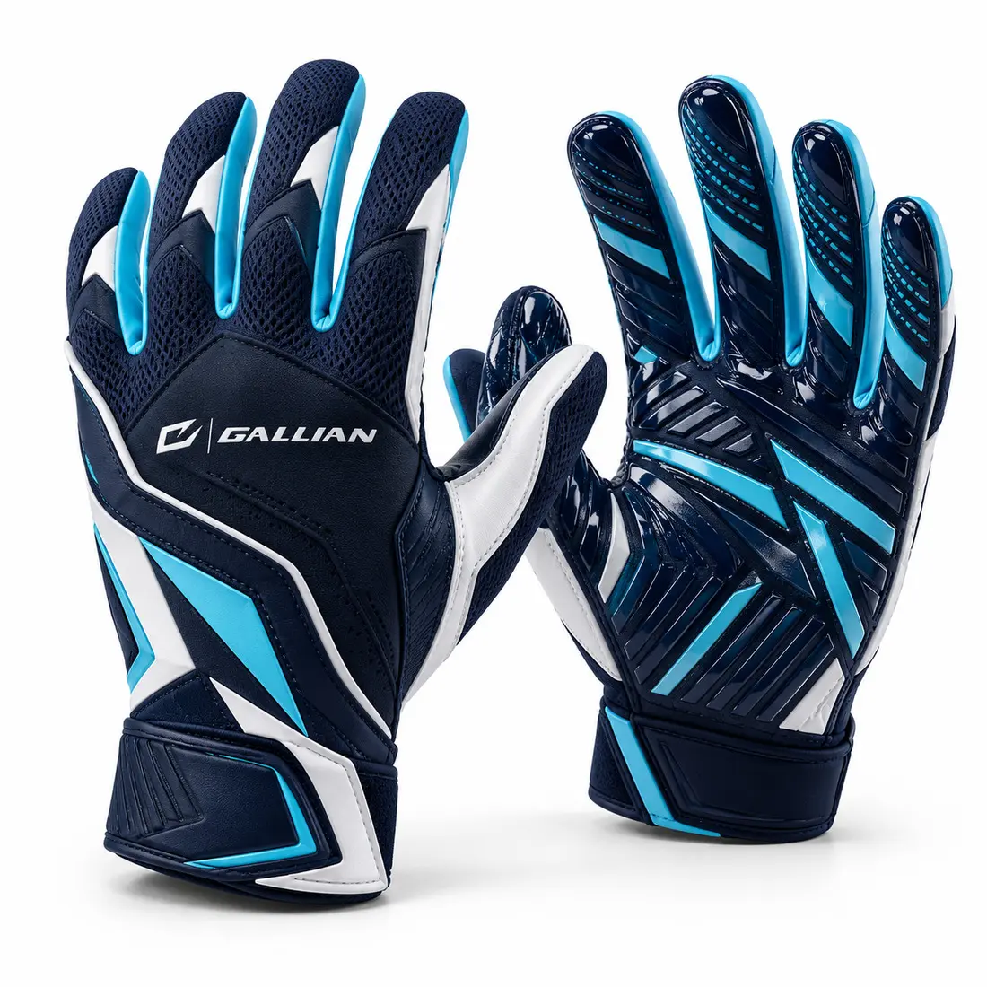 Gallian Apex Football Receiver Gloves – Navy/Cyan/White Pair of navy football receiver gloves with glacier cyan and white panels, geometric shard graphics and silicone grip palms