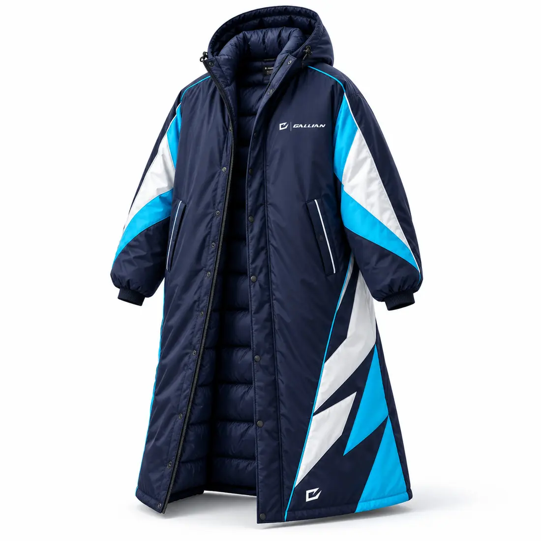 Navy football sideline cape with hood, glacier cyan and white asymmetric side panels, contrast piping and geometric shard graphics at hem