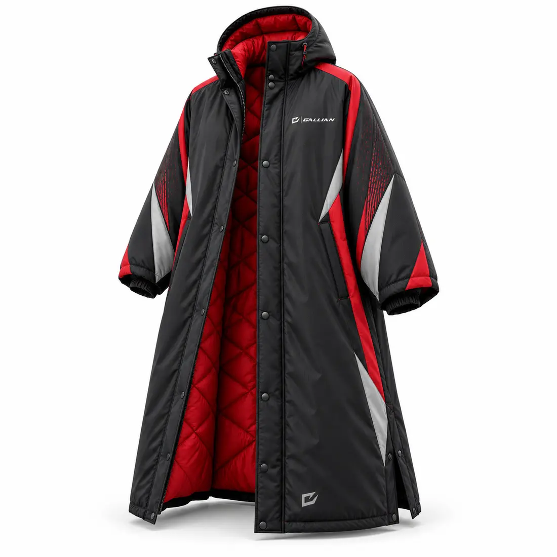 Gallian Ember Football Sideline Cape – Black/Red/Silver Graphite black hooded football sideline cape with vermilion red and warm silver tapering speed panels and fine broken-line texture