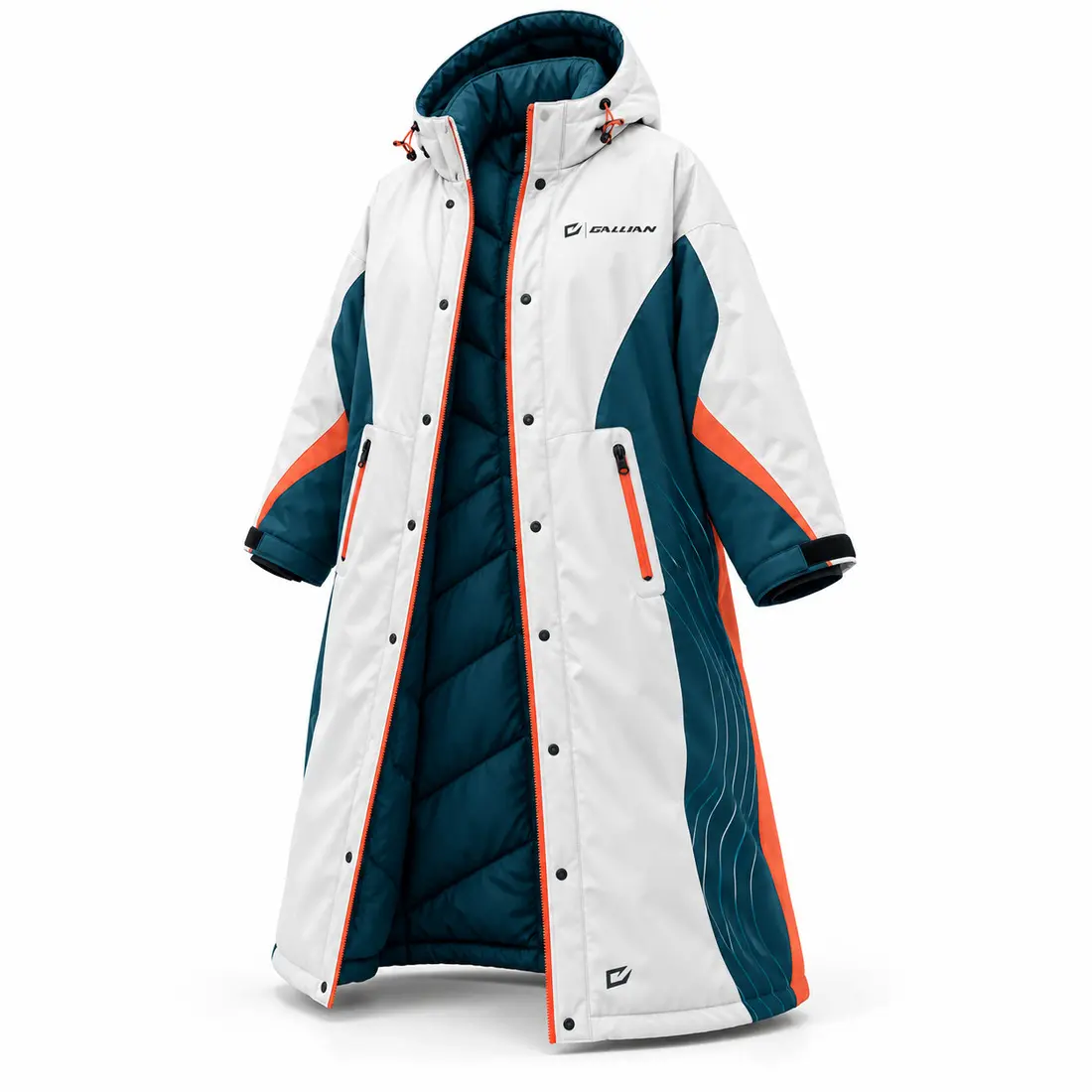 Arctic white hooded football sideline cape with sweeping petrol teal color blocks, small ripple-line accents and coral orange trim